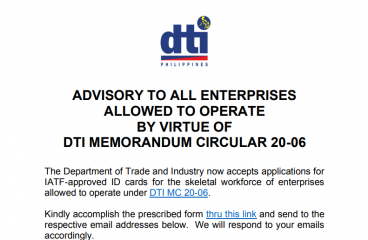 DTI Advisory to All Enterprises Allowed to Operate by Virtue of DTI MC 20-06/ Application for IATF ID