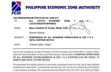 CEZ Memorandum Circular No. 2020-013 Re Suspension of All Business Operations in Cavite Ecozone I & II